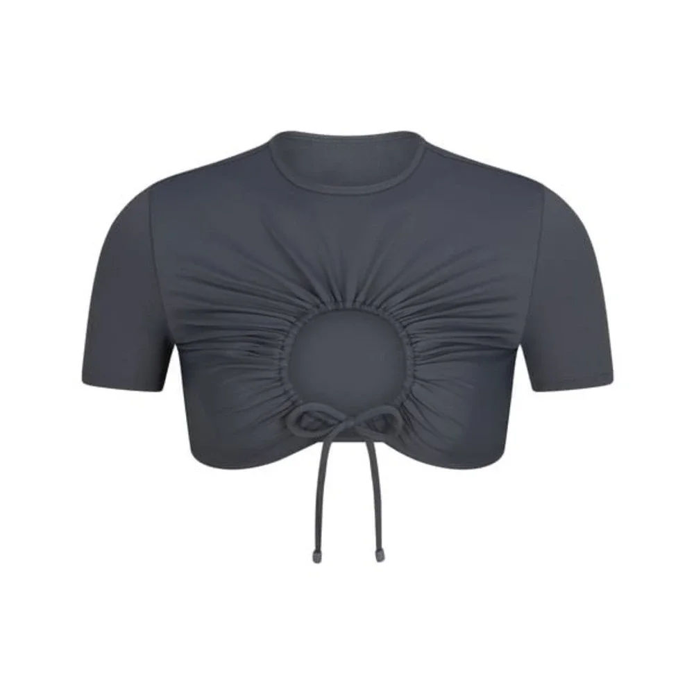 SKIMS Recycled Swim Ruched‎ T-Shirt in Gunmetal Grey Crop Top, Size XXS NWT